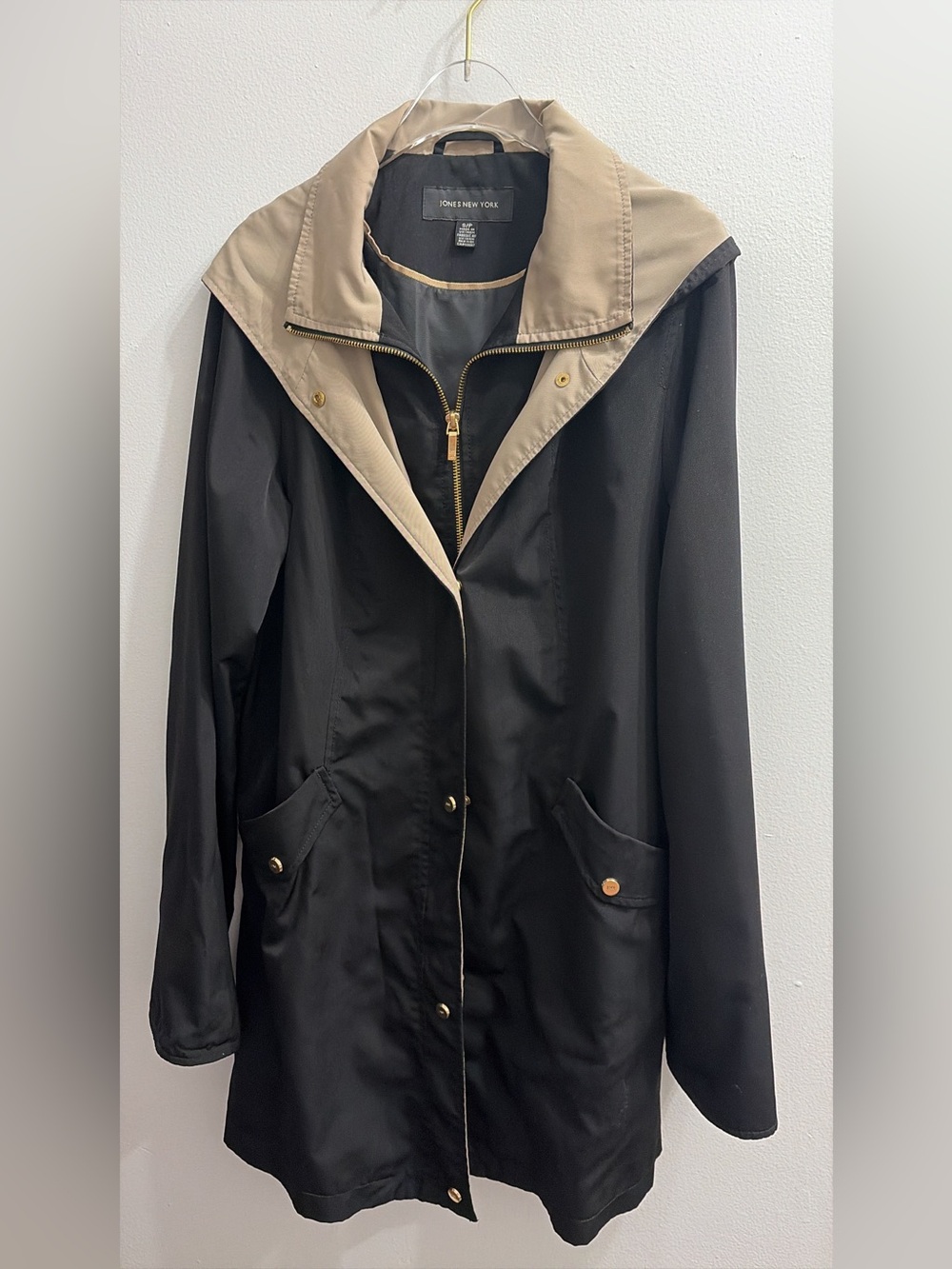 Jones New York Black Trench Coat with Tan Hood Trim